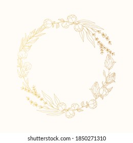 Elegante corona de oro botánica para tarjeta de invitación a la boda. Bonito marco floral con ramas y flores ornamentadas. El vector aislado del manantial dorado florece fondo.