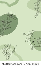 Elegante ilustração botânica com delicadas flores de linha preta e formas orgânicas abstratas em um pano de fundo verde sálvia suave para a marca da primavera