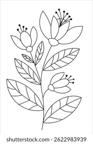 Elegant botanical illustration featuring detailed flower and leaf line art, ideal for coloring books
