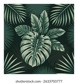 Elegant botanical illustration featuring a lush arrangement of monstera and palm leaves in varying shades of green, creating a tropical and sophisticated design Pattern.