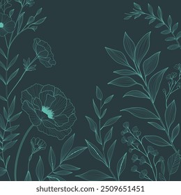 Elegant botanical illustration. Floral and leaf designs on a green background. Floral foliage for wedding invitation, wall art or card template wallpapers and project. 