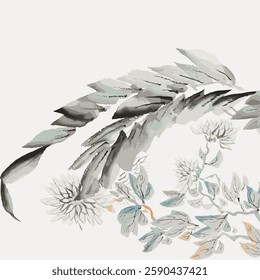 Elegant botanical illustration with leaves and flowers in soft tones. Artistic leaves and delicate flowers create a serene botanical scene. Vintage botanical illustration vector.