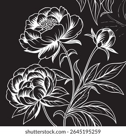 Uma ilustração botânica elegante de peônias em um estilo de contraste reverso. A arte em linha branca e nítida detalha as flores exuberantes e as folhas contra um fundo preto, criando um design arrojado.