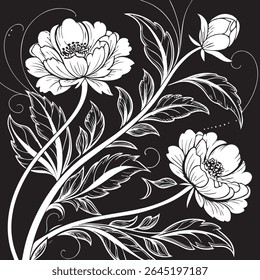 An elegant botanical illustration of peonies in a reverse-contrast style. Crisp white line art details the lush blossoms and leaves against a stark black background, creating a bold design.