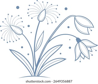 Elegant botanical illustration with soft blue line art flowers and abstract dots on a white background. Hand-drawn floral element for design,  and print use. Perfect for minimal nature themes.