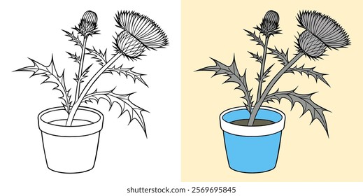 Elegant Botanical Illustration of a Thistle Plant in a Decorative Flower Pot