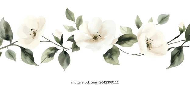 Elegant botanical illustration of white blossoms and lush green leaves in a flowing horizontal layout, ideal for borders or stationery.