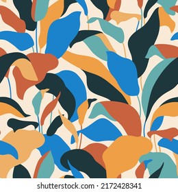 Elegant botanical leaves abstract seamless pattern. Tropical bush modern art. Organic shapes design for summer prints, cover, home deco wallpaper, social media post, story background. Vector art