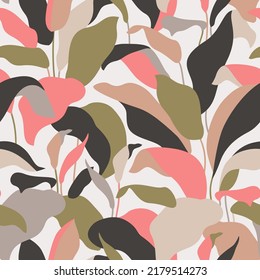 Elegant botanical leaves abstract seamless pattern. Tropical bush modern art. Organic shapes design for summer prints, cover, home deco wallpaper, social media post, story background. Vector art