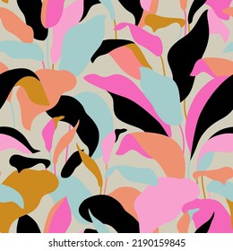 Elegant botanical leaves abstract seamless pattern. Tropical bush modern art. Organic shapes design for summer prints, cover, home deco wallpaper, social media post, story background. Vector art