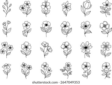 Elegant Botanical Line Art Collection Featuring a Variety of Delicate Flowers and Foliage in a Minimalist Style
