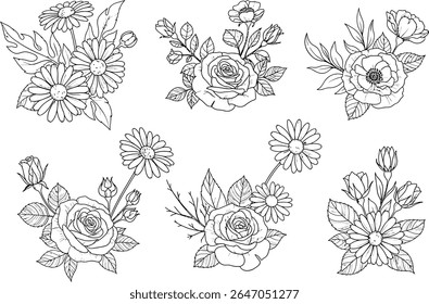 Elegant Botanical Line Art Collection of Daisy and Rose Flower Arrangements for Coloring Books and Creative Projects