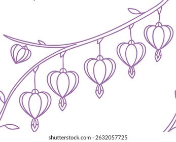 Elegant botanical line art with heart-shaped hanging lantern flowers on curved branches in purple. Delicate floral pattern perfect for romantic, nature, or wedding-themed designs. 