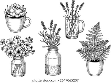Elegant Botanical Line Art Illustrations of Plants in Vessels, Evoking Vintage Charm and Natural Beauty. A Delightful Composition Showcasing the Grace of Flora