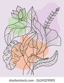 Elegant botanical line drawing of tropical leaves over soft pastel abstract shapes. Perfect for wall art, posters, and modern design projects.