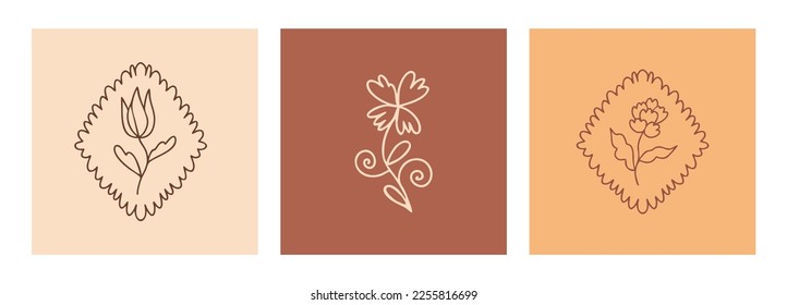 Elegant botanical logo collection, boho style, hand drawn flower and leaf illustrations, delicate and minimal monogram design.