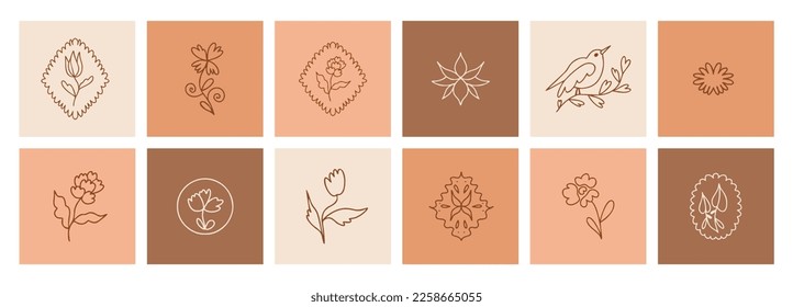 Elegant botanical logo collection, boho style, hand drawn flower and leaf illustrations, delicate and minimal monogram design.