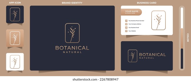 elegant botanical logo design emblem, with golden gradient color style and business card. symbol for beauty, health, and nature