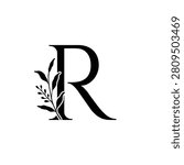 Elegant botanical monogram letter R with decorative floral leaves. Black serif alphabet vector isolated on white background for logos, branding, wedding invitations, stationery, and personalized initials