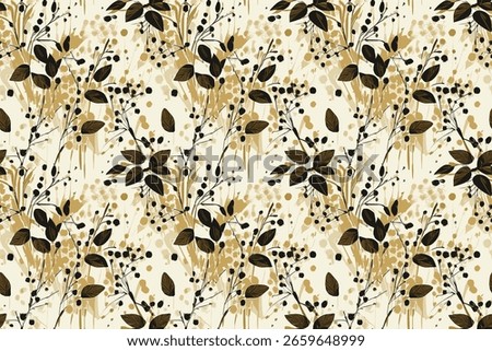 Elegant Botanical Pattern With Dark Leaves And Golden Berries On A Light Background.