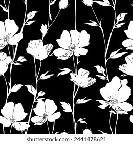 Elegant botanical pattern made of spring flowers. Hand drawn fabric, gift wrap, wall design. Nature ornament for textile. Silhouettes of blooming black flowers