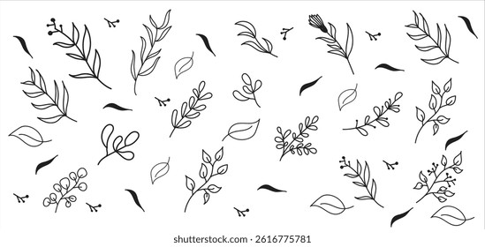 Elegant botanical pattern with minimalist leaf and branch outlines in monochrome