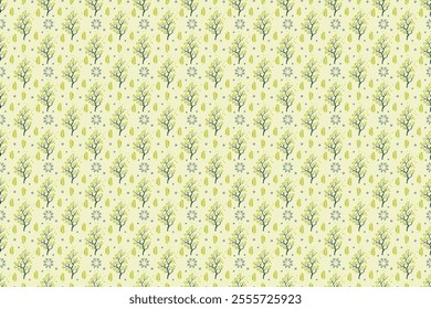 Elegant Botanical Pattern with Trees and Leaves,
Nature-Inspired Decorative Background