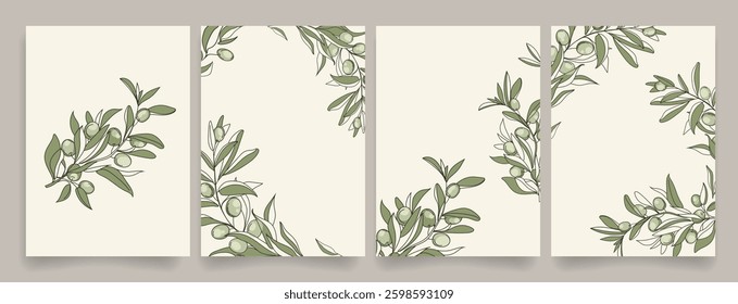 Elegant botanical posters with hand drawn olive branches with olives on soft neutral backgrounds. Minimalist and nature, invitations, greeting cards, stationery, prints, and packaging design.Vector 