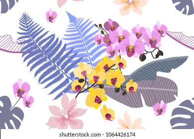 Elegant botanical print with forest ferns, palm leaves and orchids on white background. Seamless vector pattern with tropical motifs and exotic plants.