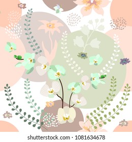 Elegant botanical print with pastel colors palette. Blooming orchids, exotic flowers and palm leaves in the tropical forest. Trendy design for textile, cards and invitations. Pink, grey.