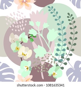 Elegant botanical print with pastel colors palette. Blooming orchids, exotic flowers and palm leaves in the tropical forest. Trendy design for textile, cards and invitations. Purple, green.