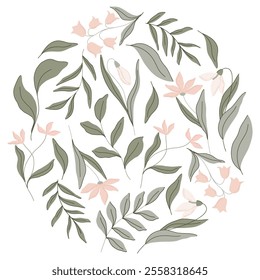 Elegant botanical round flat illustration with soft green leaves and pastel pink flowers, lilies of the valley and snowdrops. Minimalist design with a muted color palette, perfect for spring decor