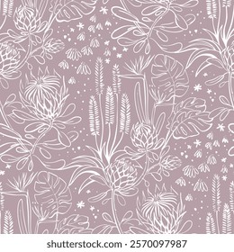 Elegant botanical seamless line pattern with protea and tropical leaves. Doodle print silhouette background. Tropical plants, exotic flowers, minimalism, monstera, floral 
