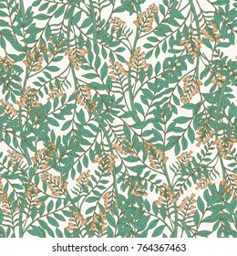 Elegant botanical seamless pattern with acacia inflorescences and leaves. Backdrop with beautiful blooming flowers on white background. Natural vector illustration in antique style for fabric print.