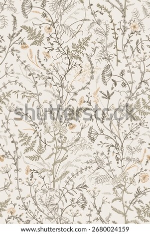 Elegant botanical seamless pattern with delicate wildflowers and herbs in warm earth tones.