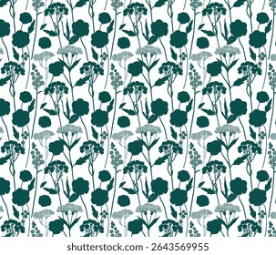 Elegante padrão botânico sem costura apresenta delicadas silhuetas de flor verde em um fundo branco nítido. Ideal para projetos de design moderno, tecido, papel de parede.