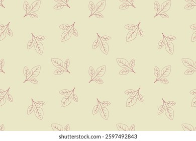 Elegant botanical seamless pattern featuring delicate red leaf sprigs on a pale yellow background.  Perfect for textile design, wallpaper, packaging, and branding projects.