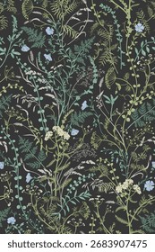 Elegante padrão botânico sem emenda com intrincadas flores silvestres e vegetação em um fundo escuro. Flores azuis delicadas e folhagem texturizada criam um design vintage-inspirado, rico em natureza.