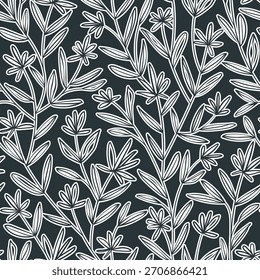 Elegant Botanical Seamless Pattern. Outline floral vector print with continuous hand-drawn style leaves on a dark background