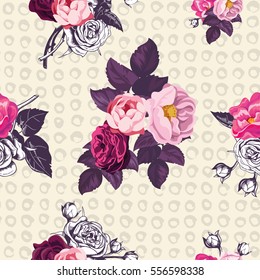 Elegant botanical seamless pattern with pink and unpainted roses on yellow background with hand painted spots. Vector illustration in kitschy style for wrapping paper, textile print, greeting card.