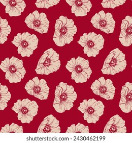Elegante patrón botánico sin costuras. Fondo floral vectorial de estilo retro. Textura de ornamento rojo y beige con flores de verano grandes simples, amapolas. Repite el diseño de lujo para decoración, textil, estampado, envoltura
