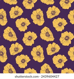 Elegante patrón botánico sin costuras. Fondo floral vectorial de estilo retro. Textura de adorno amarillo y púrpura con flores de verano grandes simples, amapolas. Repite el diseño mínimo para la decoración, textil, impresión