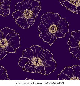 Elegant botanical seamless pattern. Stylish vector floral background in gold and purple color. Ornament texture with simple outline golden flower silhouettes, poppies. Repeat luxury decorative design