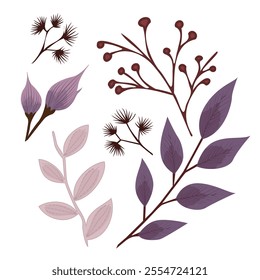 Elegant botanical vector illustration featuring minimalistic leaves, berries, and flowers in earthy tones. Perfect for invitations, stationery, branding, and nature-themed designs.