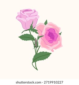Elegante Ilustración vectorial botánica con un par de delicadas flores de rosa rosa en un solo tallo verde, perfecto para invitaciones de boda románticas de reliquias y marca de primavera artesanal