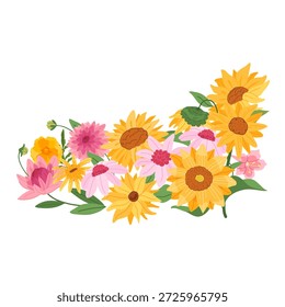 Elegant botanical vector illustration featuring a vibrant horizontal arrangement of yellow sunflower and pink dahlia isolated on a white background for a modern garden theme
