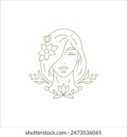 Elegant botanical woman portrait blossom floral in hair golden linear logo vector illustration. Female face bloom flower decor outline monochrome emblem for coiffure beauty salon organic cosmetics