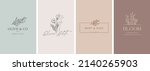 Elegant, botanique logo collection, hand drawn illustrations of flowers, leaves and twig, delicate and minimal monogram design