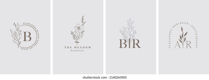 Elegante colección de logotipos botánicos, ilustraciones a mano de flores, hojas y ramas, diseño de monograma delicado y mínimo