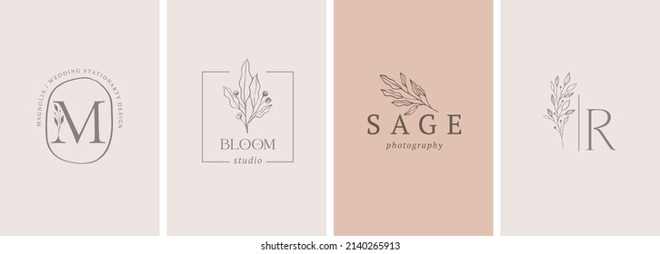 Elegant, botanique logo collection, hand drawn illustrations of flowers, leaves and twig, delicate and minimal monogram design